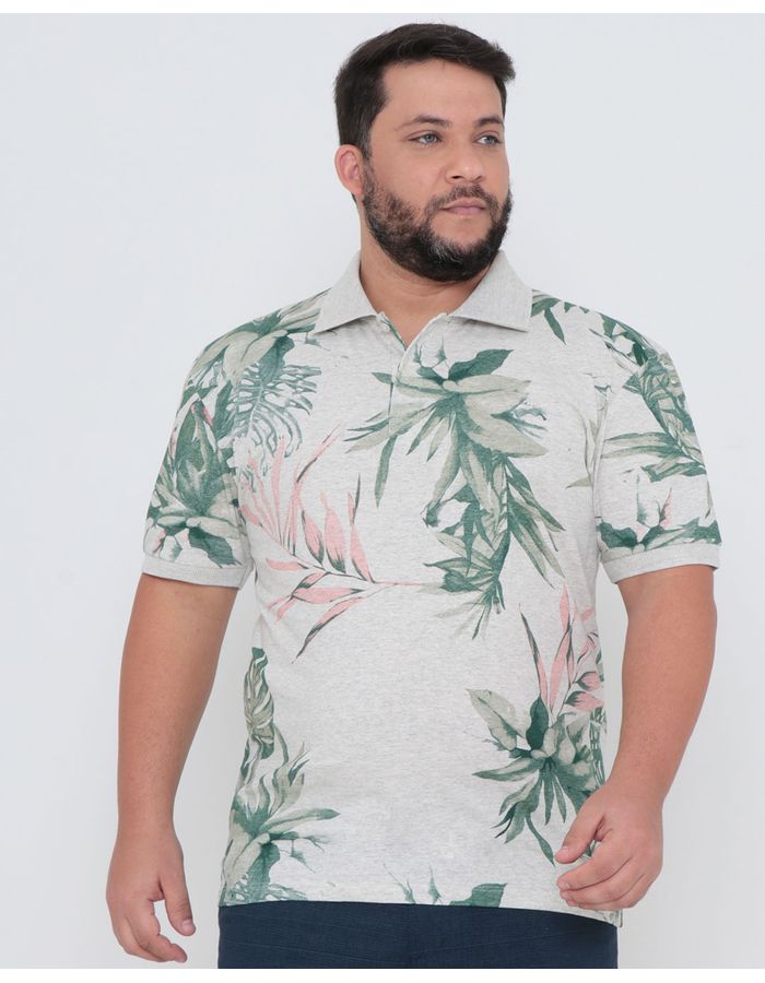 Polo-Masculina-Plus-Size-Floral-Mescla-Cinza-Claro