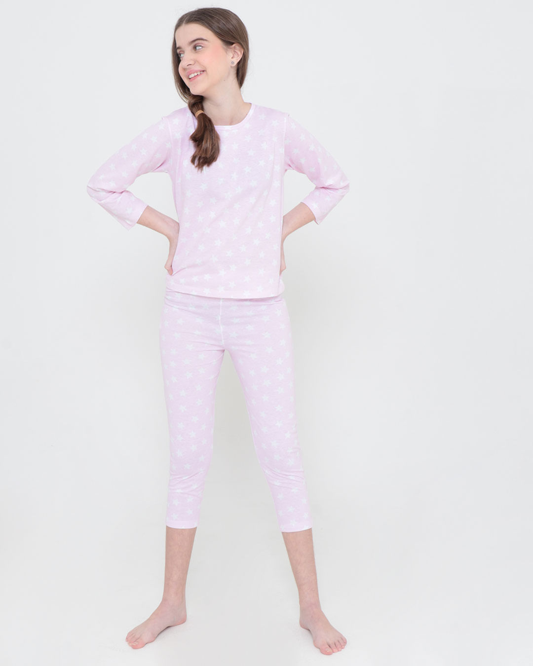 Pijama-Juvenil-Longo-Estampado-Estrelas-Rosa-Claro