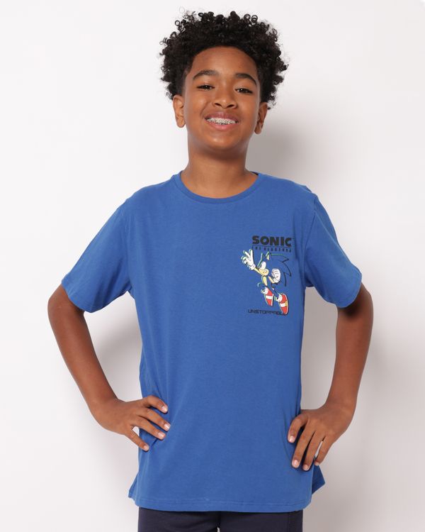 Camiseta Juvenil Algodão Sonic Manga Curta Azul 16