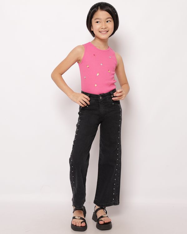 Calça Jeans Infantil Reta com Aplicação Preta 8