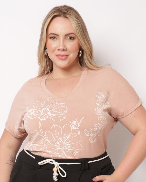 Blusa Plus Size Feminina Estampa com Strass Manga Curta Rosa G2