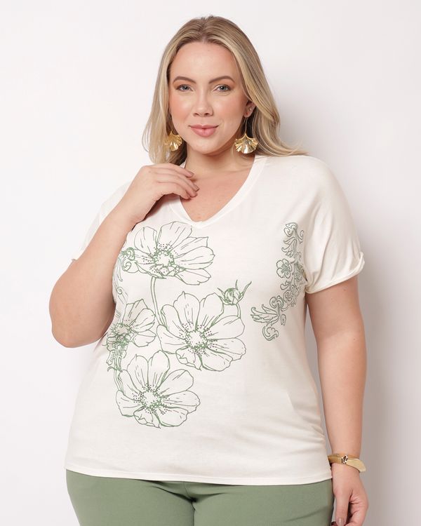 Blusa Plus Size Feminina Estampa com Strass Manga Curta Off White G2