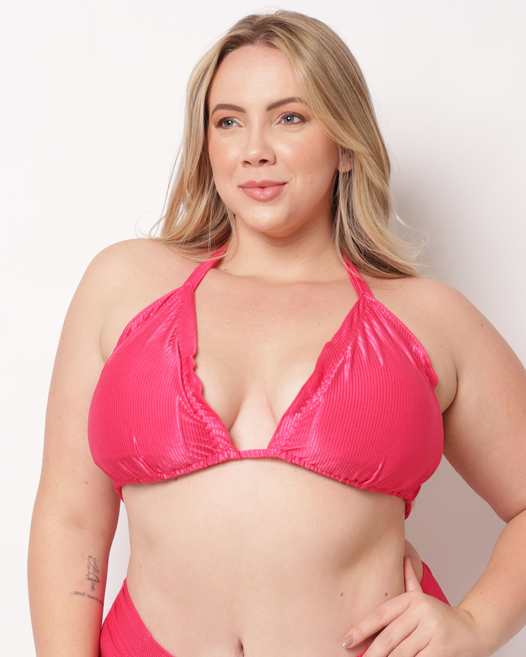 Biquini Plus Size Top Avulso Cortininha Bojo Removivel Texturizado Rosa