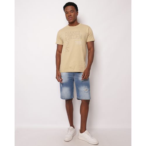 Bermuda Jeans Masculina Reta Destroyed Estonada com Bolsos Azul