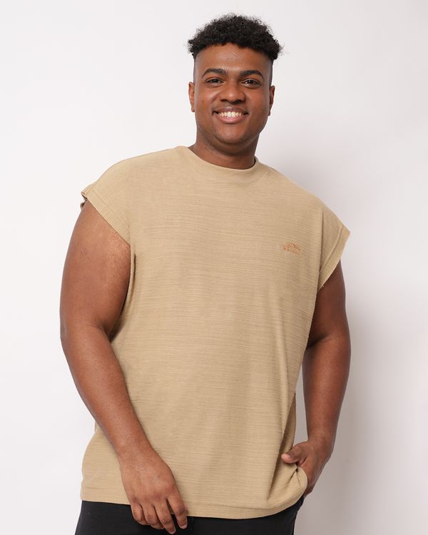 Regata Plus Size Masculina Machão Texturizada Bordado Bege G1
