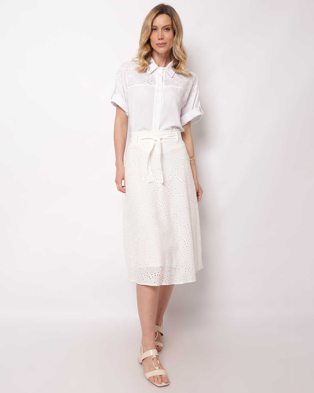 Saia Feminina Midi Berry & Co. Algodão Laise com Amarração Branca