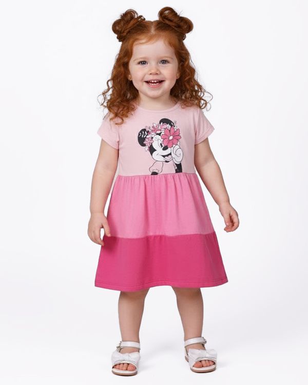 Vestido Bebê Curto Algodão Três Marias Disney Minnie Manga Curta Rosa 3