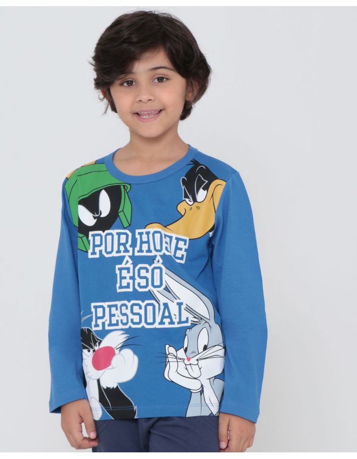 Camiseta-Infantil-Manga-Longa-Looney-Tunes-Azul