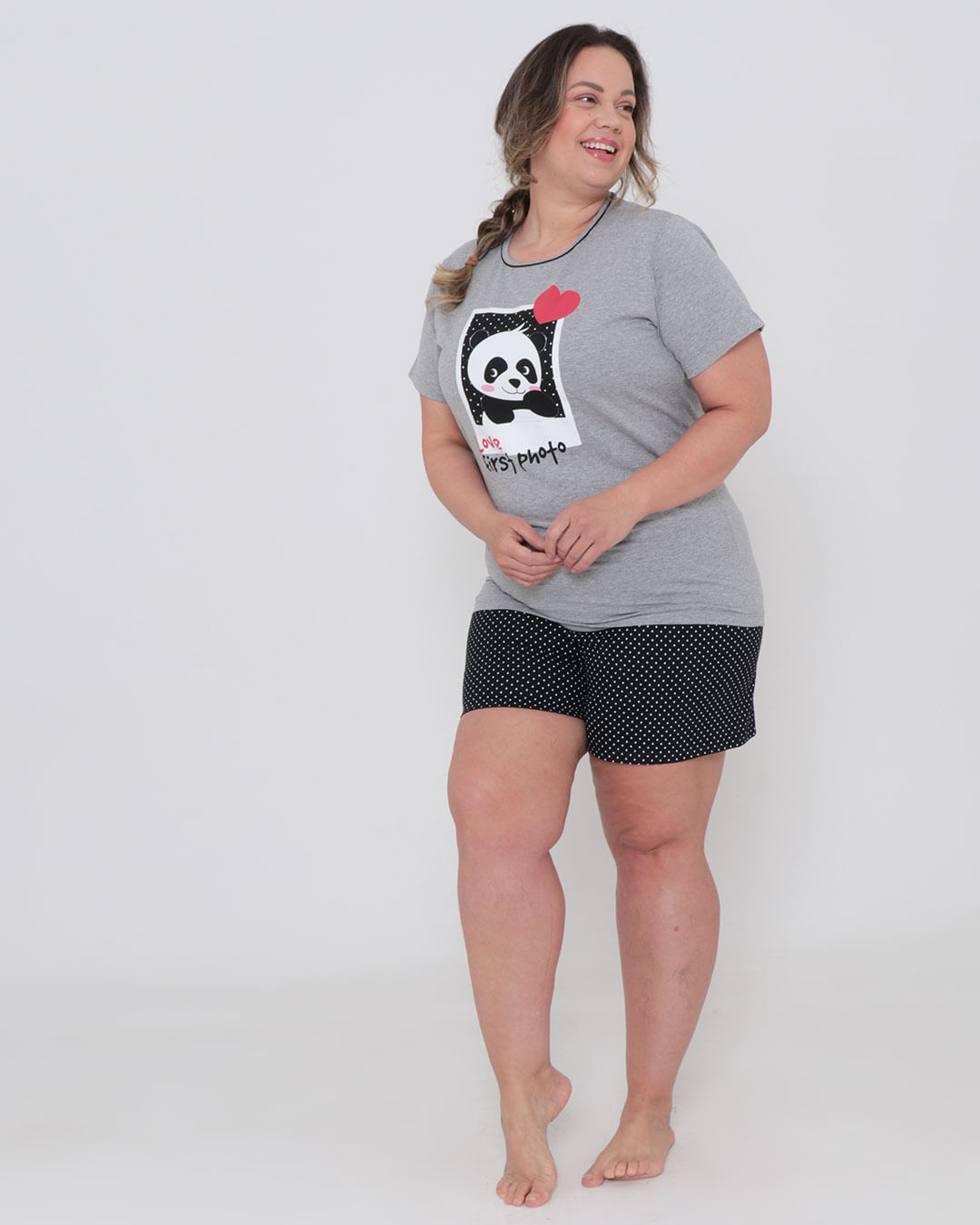 Pijama-Feminino-Curto-Plus-Size-Estampa-Panda-Cinza-Claro-