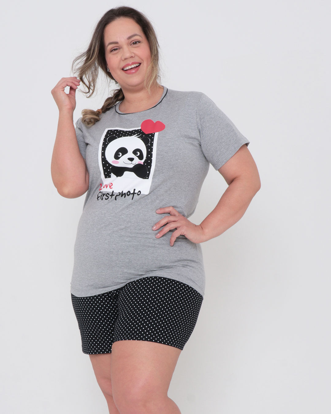 Pijama-Feminino-Curto-Plus-Size-Estampa-Panda-Cinza-Claro-