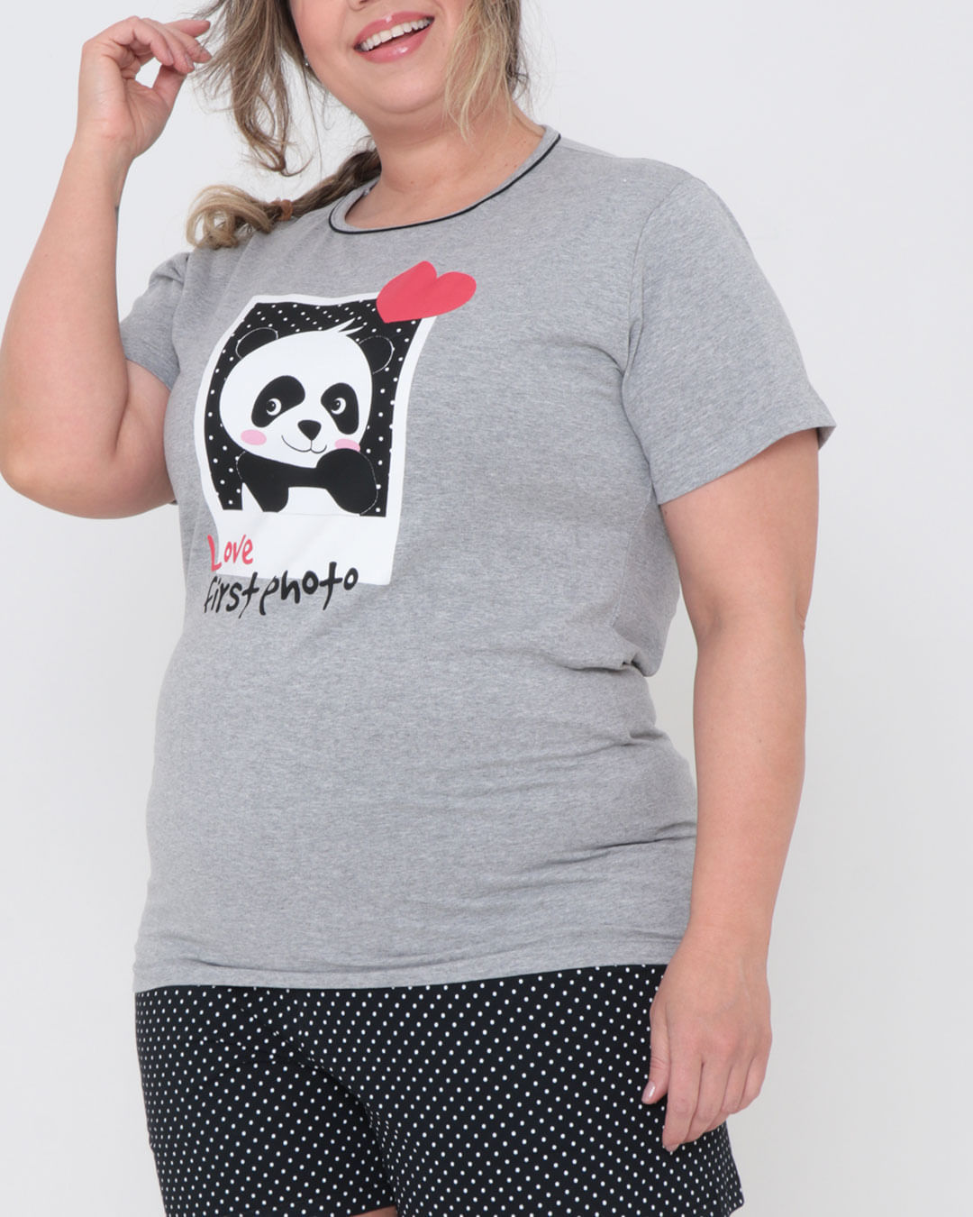 Pijama-Feminino-Curto-Plus-Size-Estampa-Panda-Cinza-Claro-