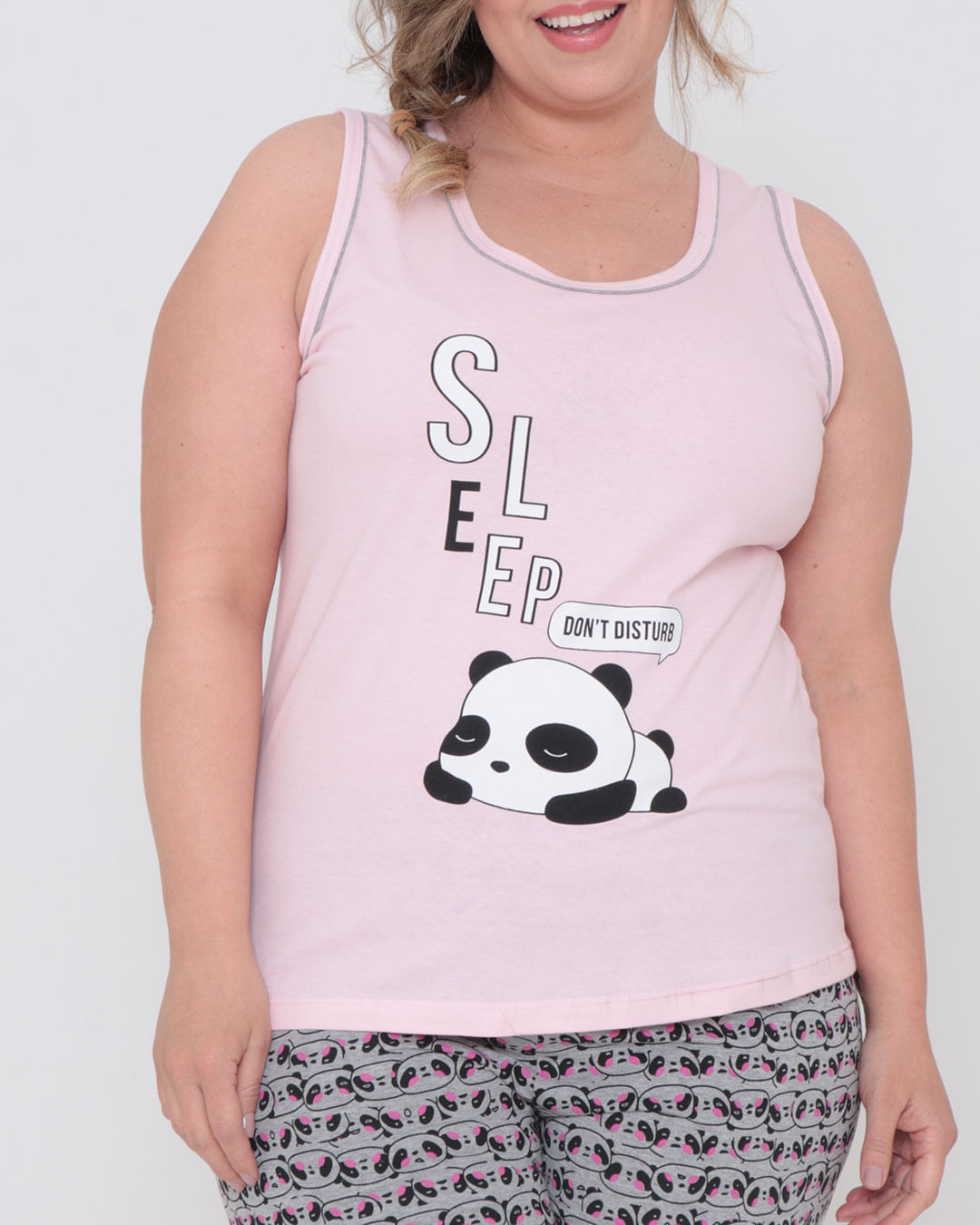 Pijama-Feminino-Curto-Plus-Size-Estampa-Panda-Rosa-Claro
