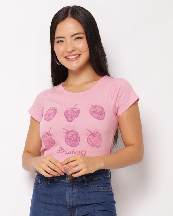 Camiseta Feminina Algodão Estampa Morangos Manga Curta Rosa GG