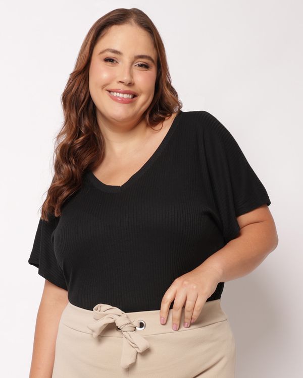 Blusa Plus Size Feminina Canelada Decote V Manga Curta Preta G3