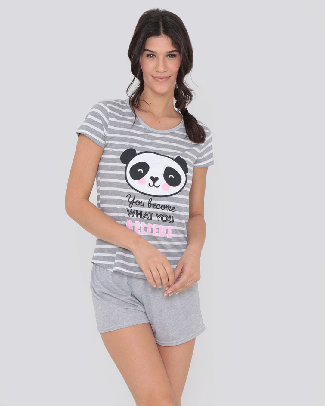 Pijama-Feminino-Curto-Listrado-Estampa-Panda-Cinza