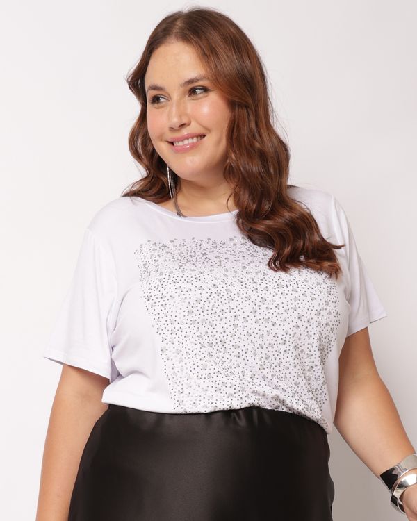 Blusa Feminina Plus Size Estampada com Strass Branco G2