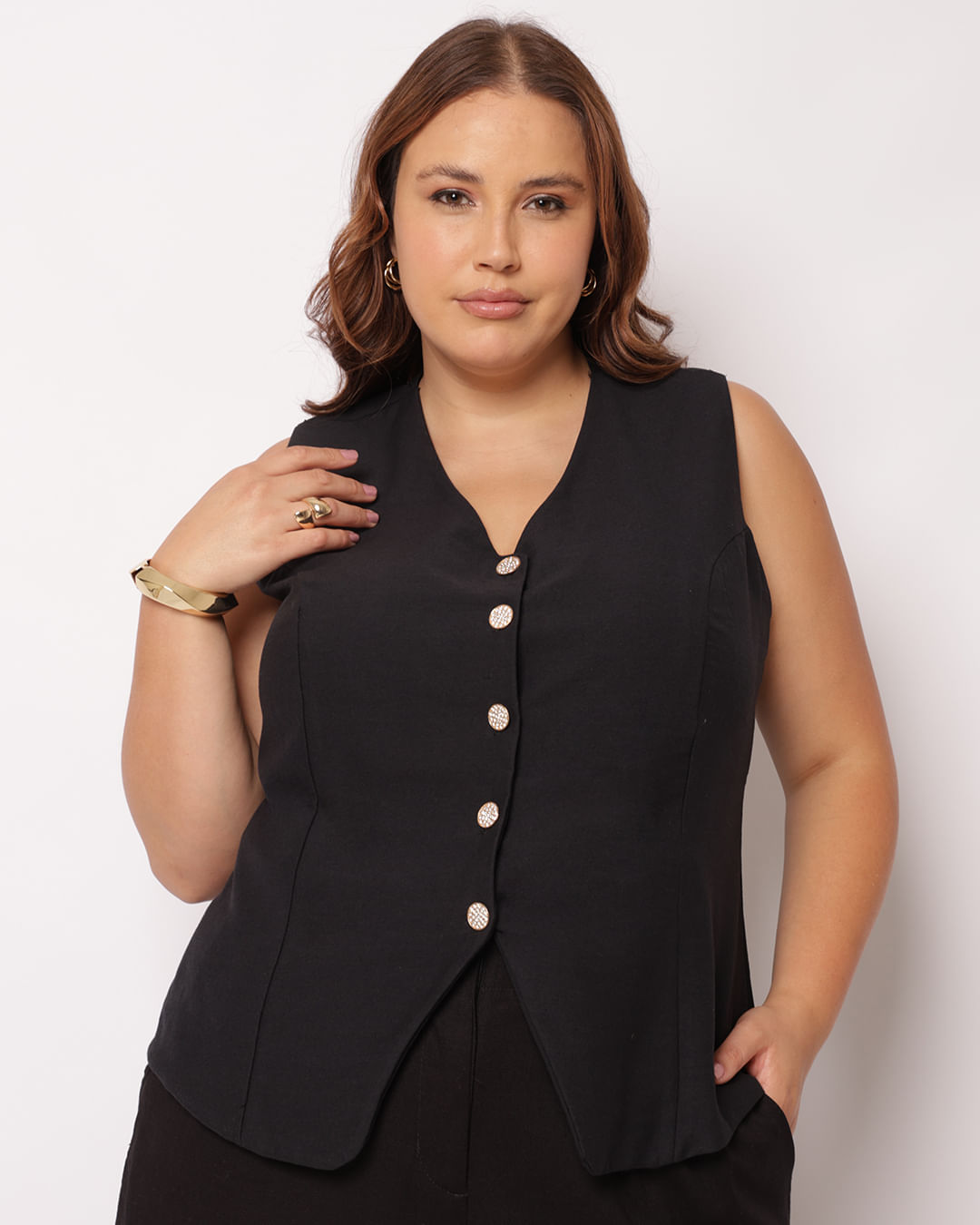 Colete Plus Size Feminino com Botões com Pedras Brilhantes Preto