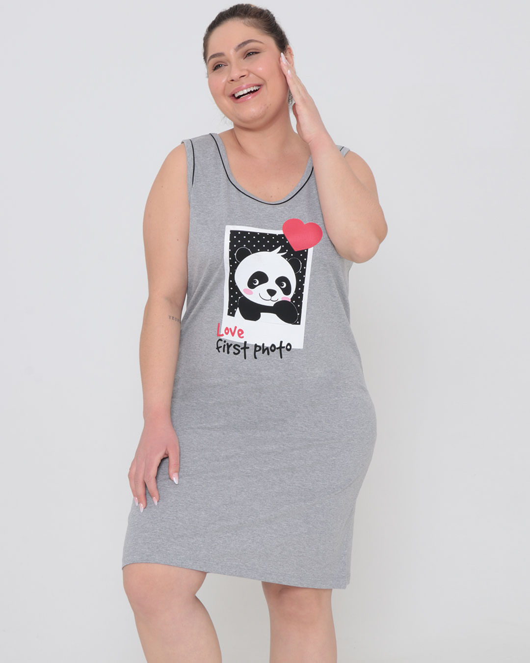 Camisola-Regata-Plus-Size-Estampa-Panda-Cinza-Claro