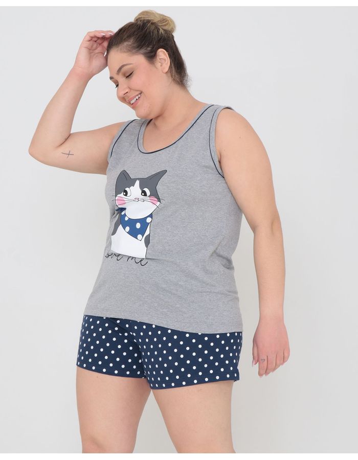 Pijama-Plus-Size-Feminino-Estampa-Gato-Mescla-Cinza