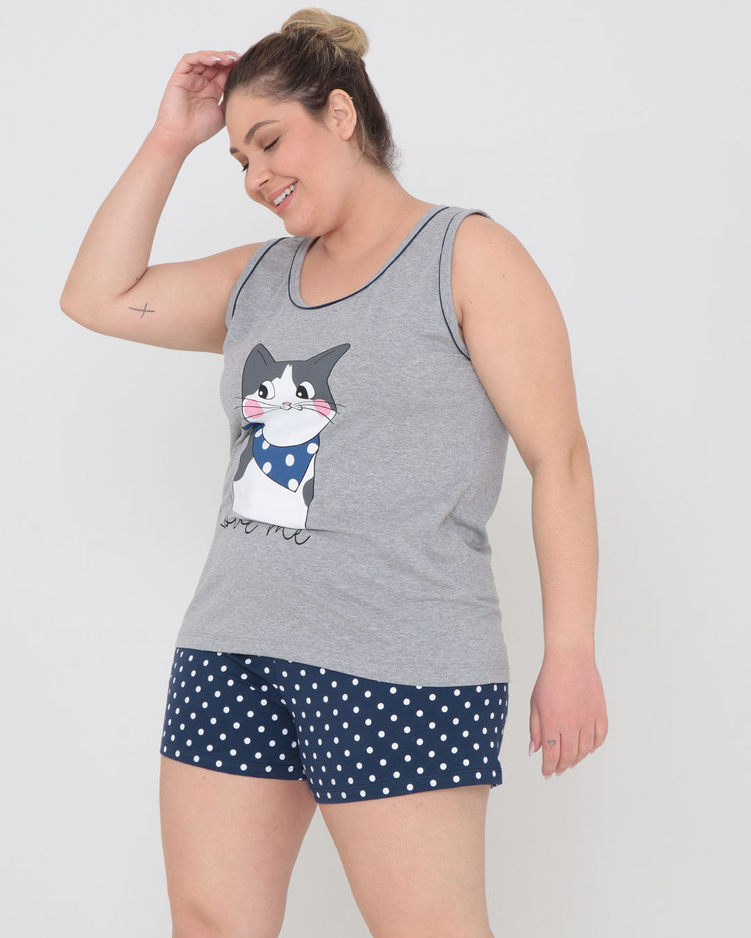 Pijama-Plus-Size-Feminino-Estampa-Gato-Mescla-Cinza