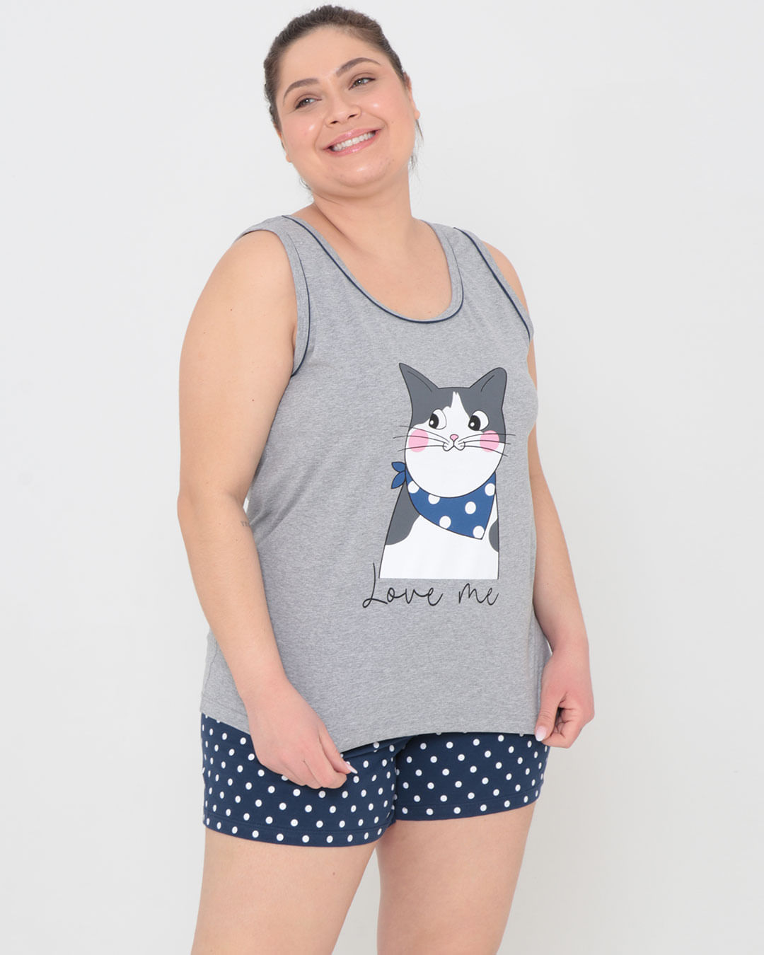 Pijama-Plus-Size-Feminino-Estampa-Gato-Mescla-Cinza