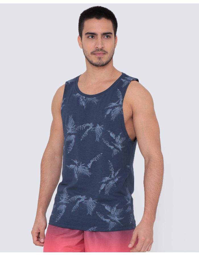 Regata-Masculina-Surf-Estampa-Folhas-Azul-Marinho-