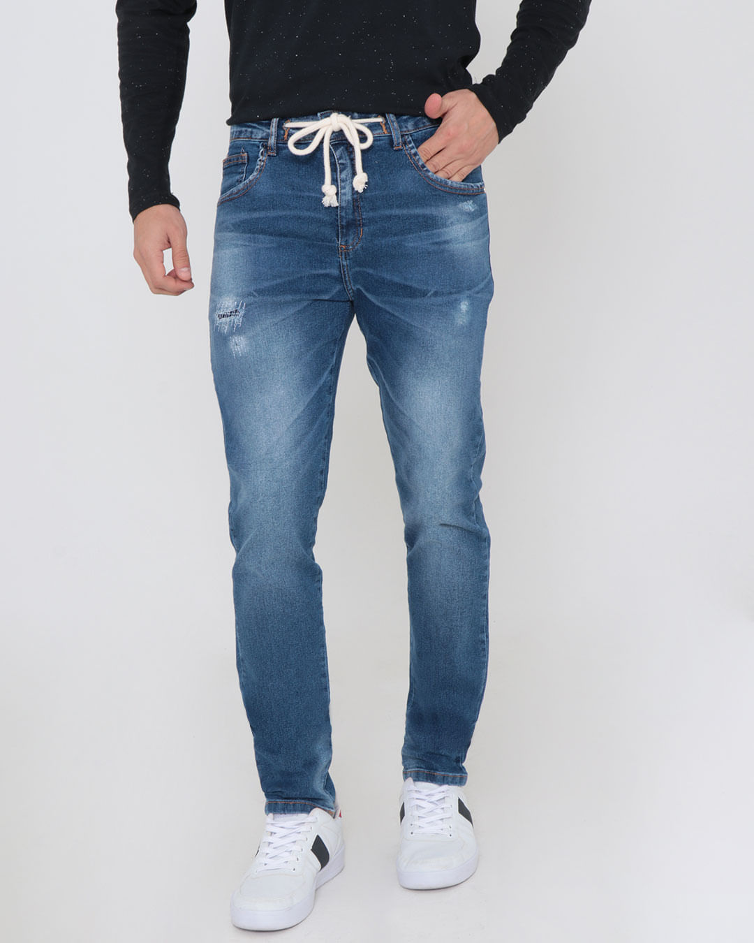 Calca-Jeans-Masculina-Com-Puidos-E-Cordao-Azul
