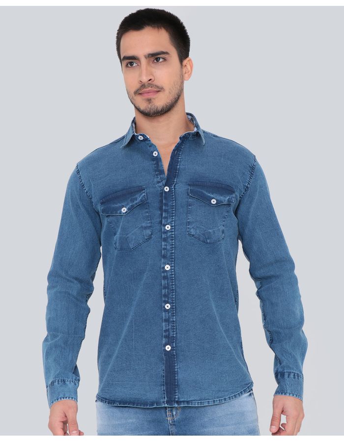 Camisa-Jeans-Masculina-Manga-Longa-Slim-Azul