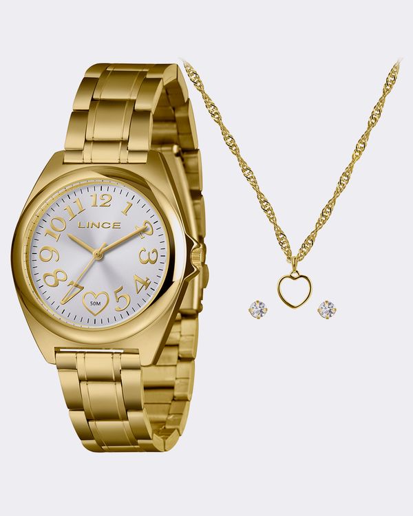 Kit Relógio Feminino Lince com Colar e Brinco Dourado UN