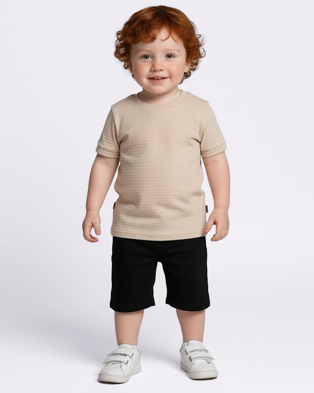 Camiseta Bebê Texturizada Estampada Listrada Manga Curta Bege