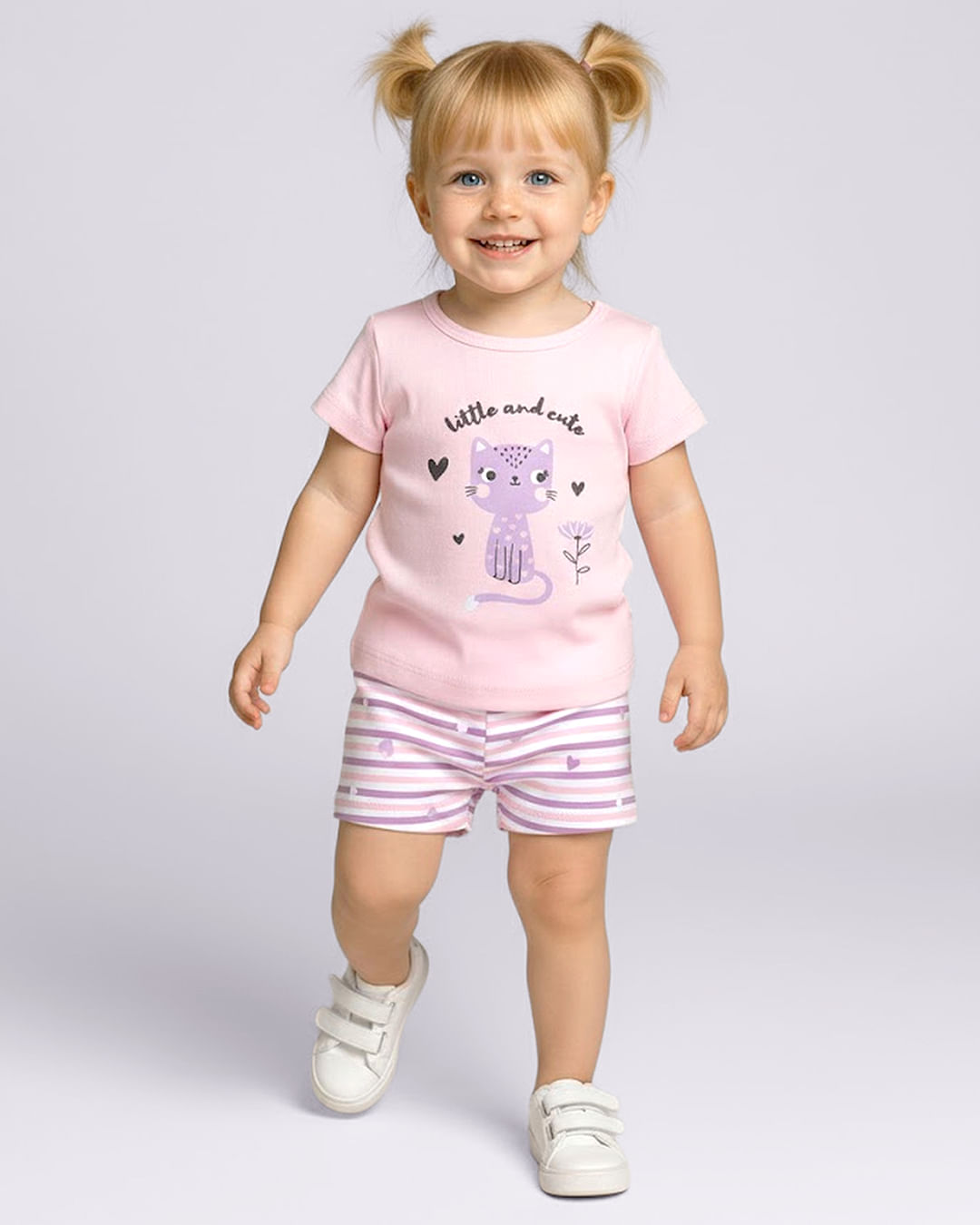 Conjunto Bebê Curto Algodão Estampa Gatinha Rosa