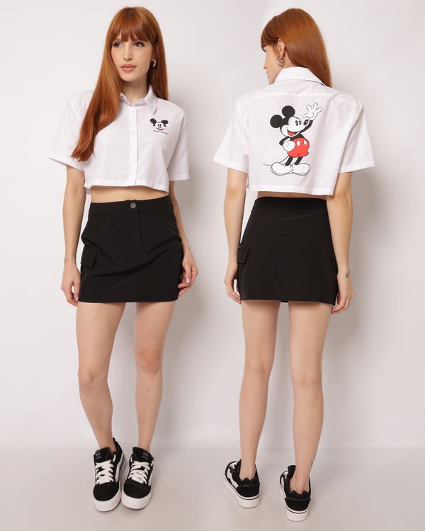 Camisa Cropped Feminina Disney Mickey Manga Curta Branca G