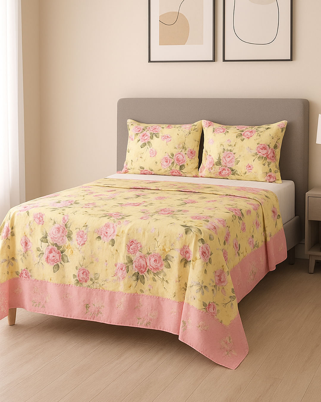 Jg-De-Cama-Queen-4pcs-Duplo-Micropercal---Amarelo-Floral