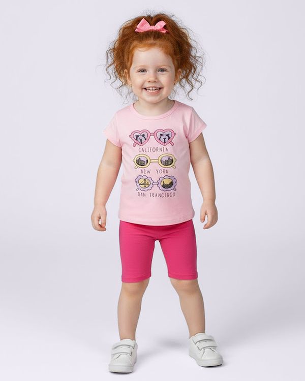 Blusa Bebê Estampa Óculos de Sol com Glitter Manga Curta Rosa 3