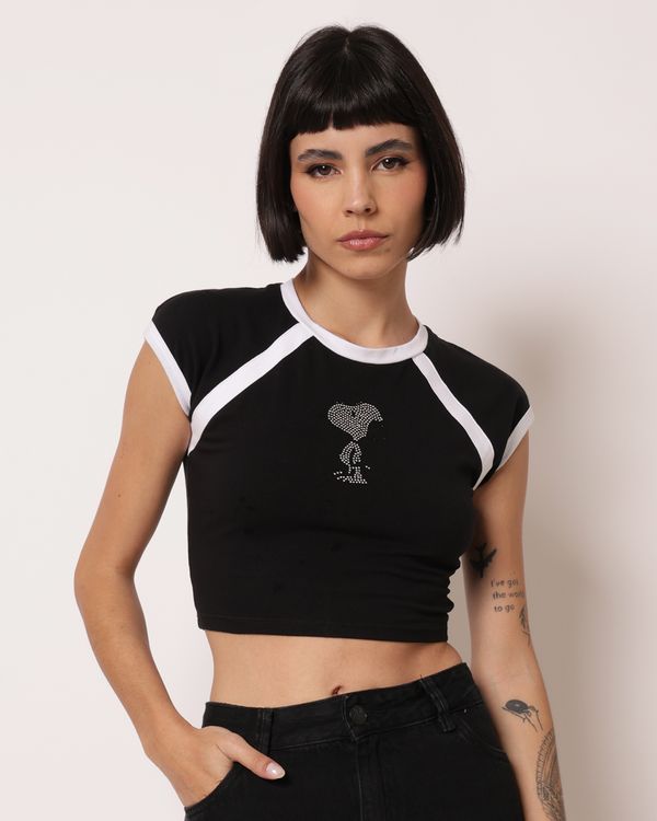 Camiseta Cropped Feminina Peanuts Snoopy com Strass Preta P