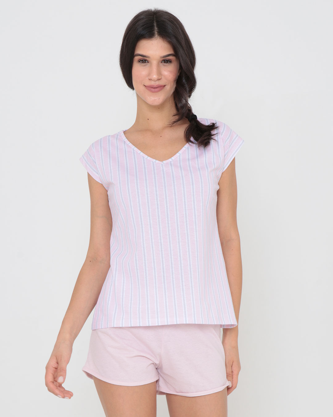 Pijama-Feminino-Curto-Listrado-Rosa