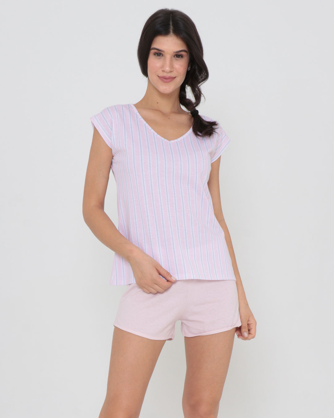 Pijama-Feminino-Curto-Listrado-Rosa