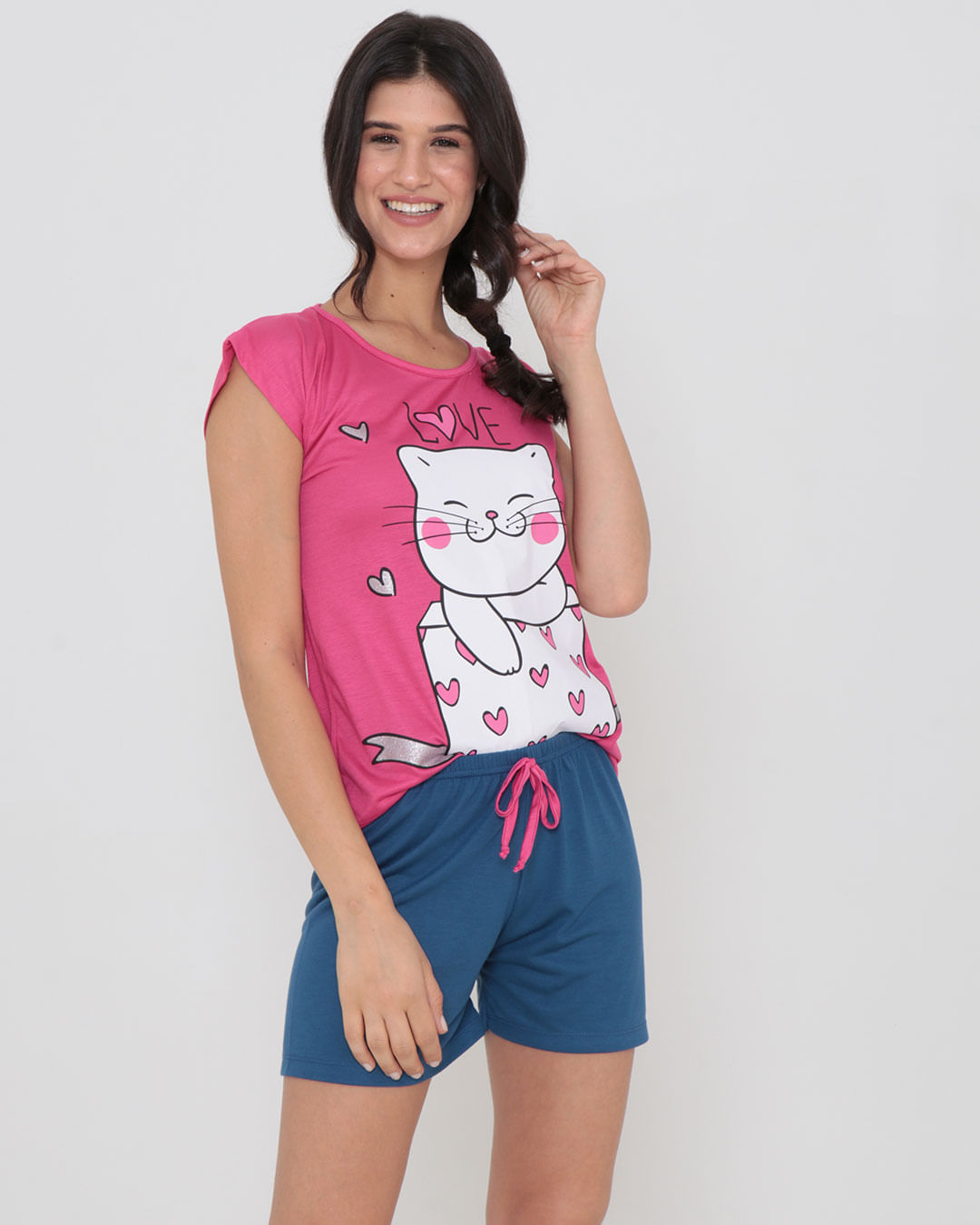 Pijama-Feminino-Curto-Estampa-Gato-Rosa