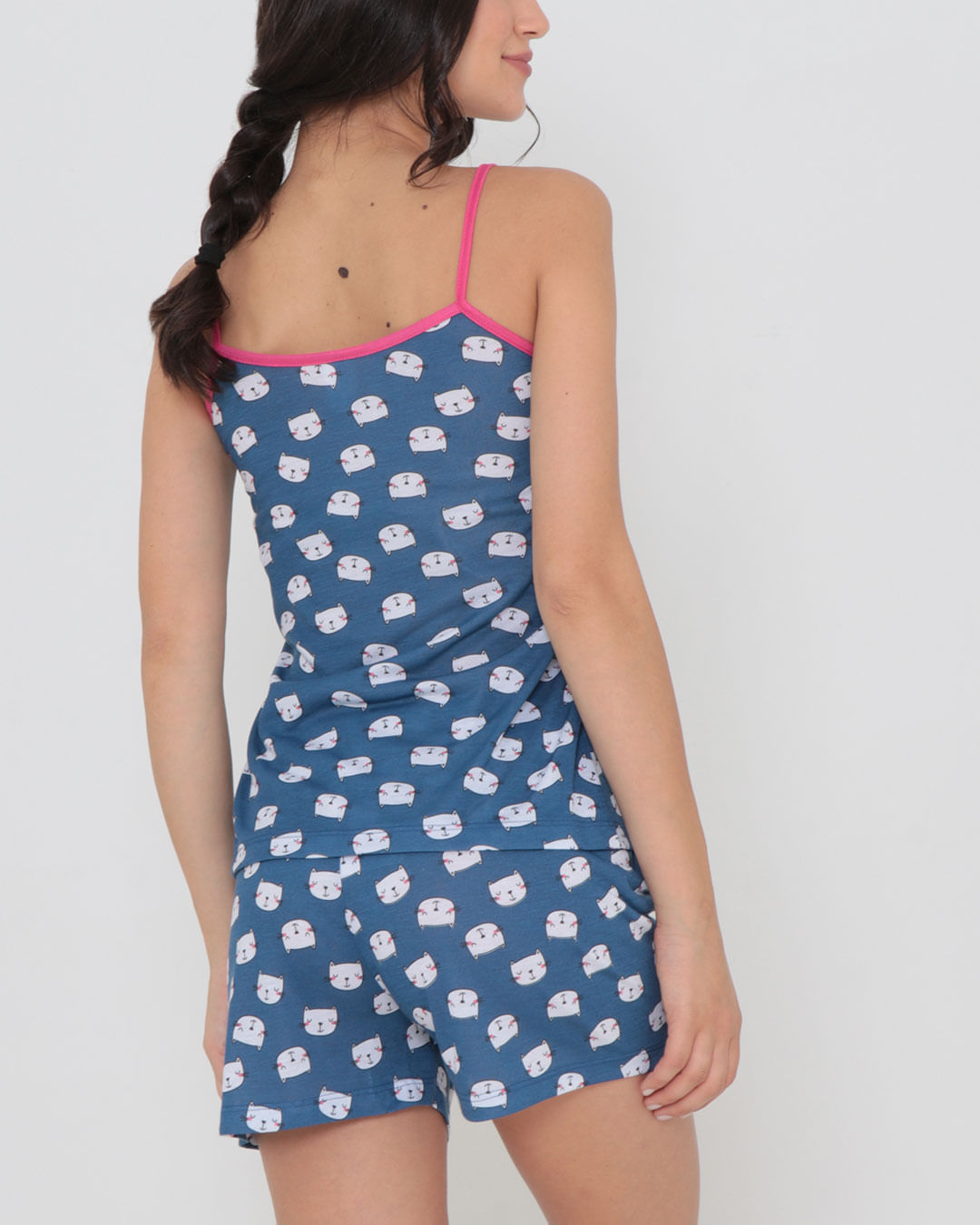 Pijama-Feminino-Curto-Estampa-Gato-Azul-Marinho