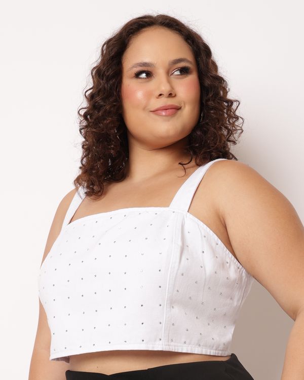 Blusa Cropped Plus Size Feminina Sarja com Strass Branco G3