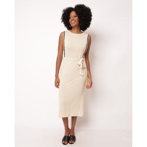 Vestido Feminino Midi com Faixa para Amarração e Bolsos Bege