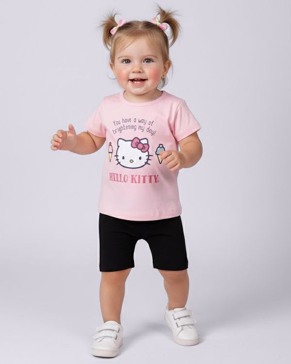 Blusa Bebê Algodão Manga Curta Hello Kitty Rosa 2