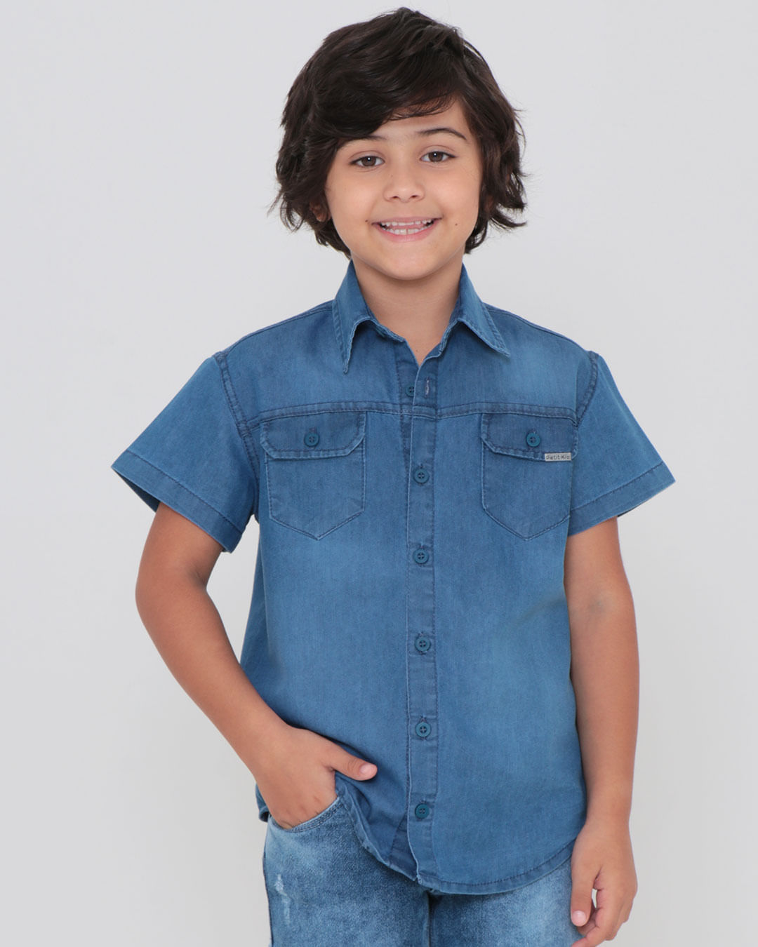 Camisa-Jeans-Infantil-Manga-Curta-Bolsos-Denim-Azul