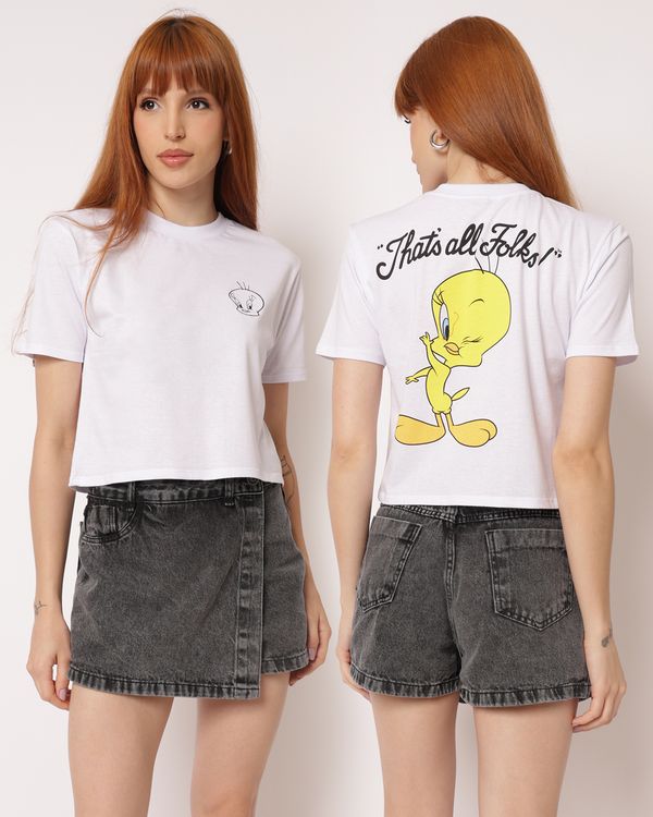Camiseta Feminina Cropped Algodão Looney Tunes Piu Piu Branca G