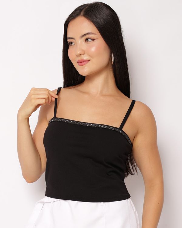 Blusa Feminina Alcinha Cropped Berry & Co. com Strass Preta M