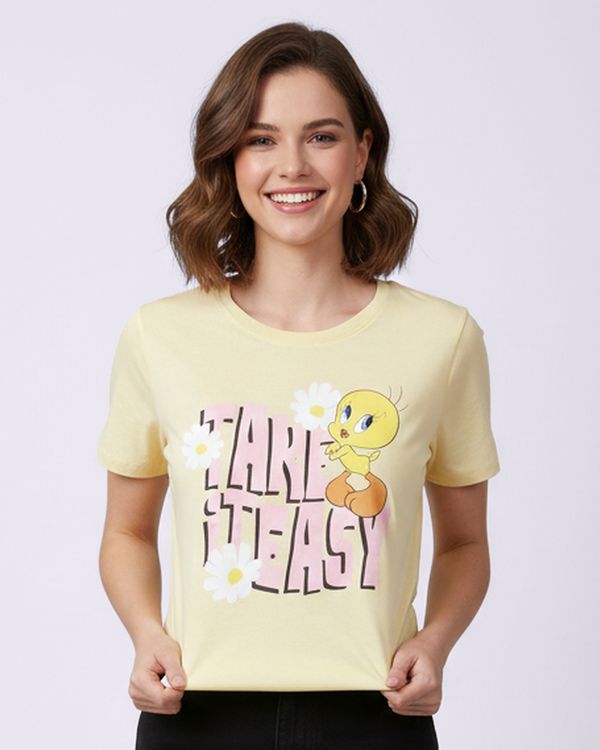 Camiseta Feminina Algodão Looney Tunes Piu-Piu Amarela GG