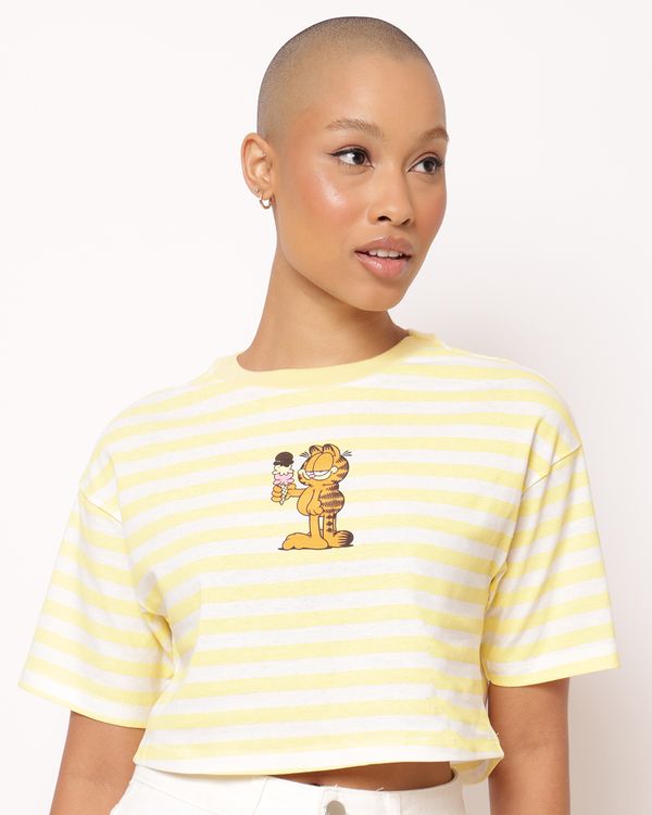 Camiseta Cropped Feminina Listrada Estampa Frontal Garfield Amarela M