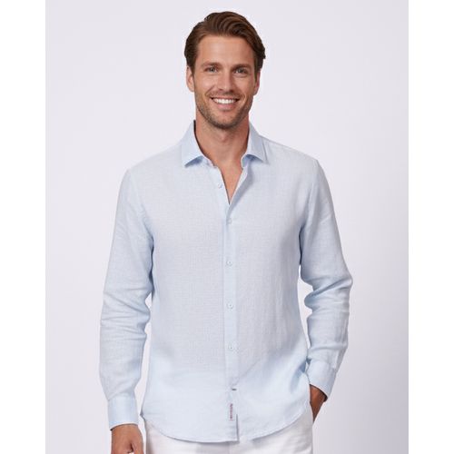 Camisa Masculina Algodão com Linho Manga Longa Azul
