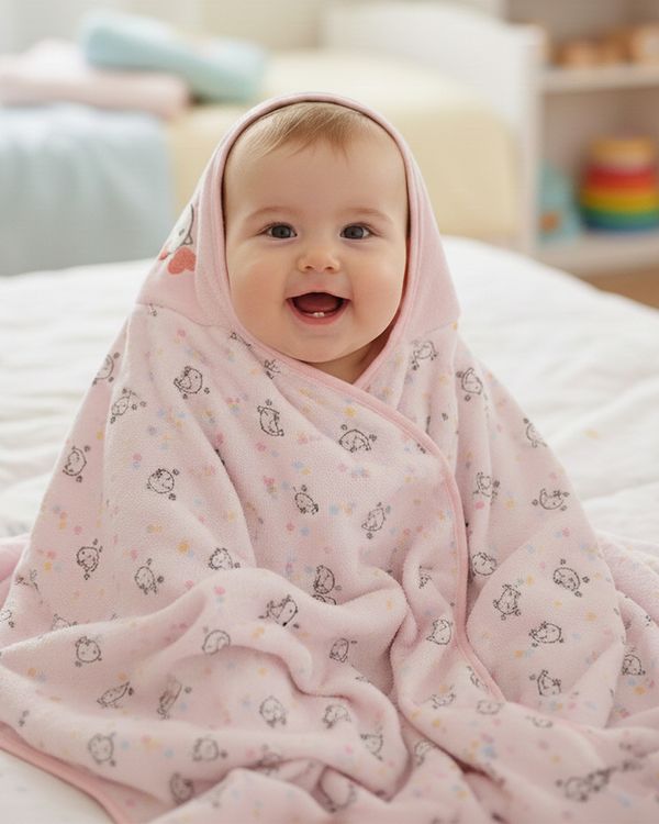 Toalha Bebê Algodão com Capuz Estampada Rosa UN