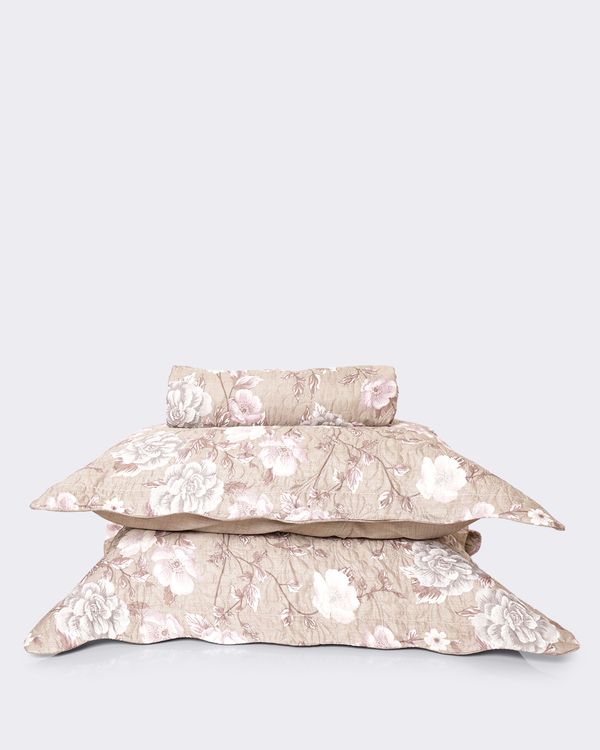 Kit Colcha Casal 3 Peças Plumagem Estampado Floral Bege UN